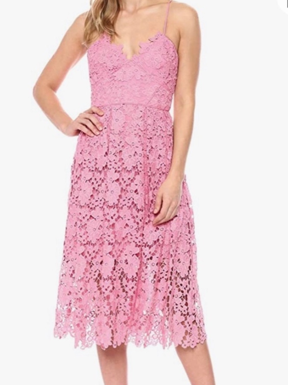 Pink Lace Midi Dress with Spaghetti Straps